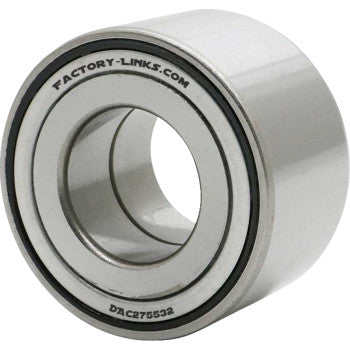 A close-up of a Factory Links Honda TRX Wheel Bearing Kit Front Left & Right with FACTORY-LINKS.COM and DAC276532 engraved on its smooth, metal surface. The cylindrical bearing has a central hole.