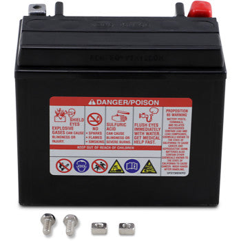 The AGM Battery YTX12 by Yuasa is a black sealed battery with a warning label, red and black top terminals, plus three metal screws and two rectangular connectors displayed in front.