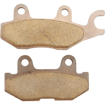 Yamaha Standard Brake Pads by DP Brakes: Set of two metallic pads with tan friction surfaces and two top mounting holes; one pad includes a hook-shaped metal extension. Perfect sintered metal ATV brake pads.