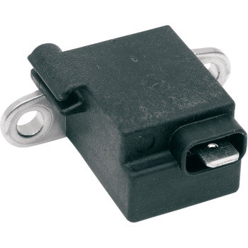 Black rectangular Honda trigger coil with metal mounting brackets and a single electrical connector port.