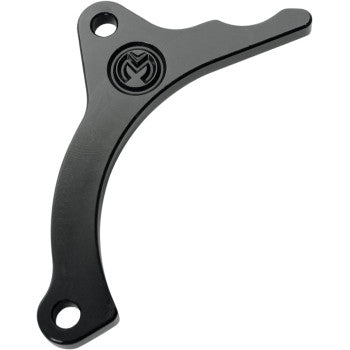 The Engine Case Saver Polaris Predator Black by Moose Offroad is a black, curved CNC-machined metal protector with two mounting holes and a center logo, expertly crafted for durability.