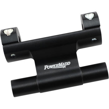The Powermadd Powerriser 475 Pivoting Handlebar Risers, measuring 2" x 4-3/4", are solid aluminum with dual pivot points, two mounting spots, and a white PowerMadd logo on the front.