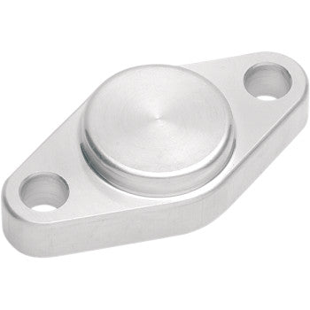 The Dura Blue Parking Brake Block Off Plate is a silver, oval metal plate with a raised center and two holes, designed for parking brake block-off on Honda ATVs and performance ATVs.