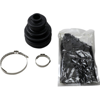 The Boot Kit Heavy Duty Inbound Outbound by Demon includes a black neoprene rubber CV joint boot, two different-sized metal clamps, and a sealed plastic packet of molybdenum grease, all shown on a white background.