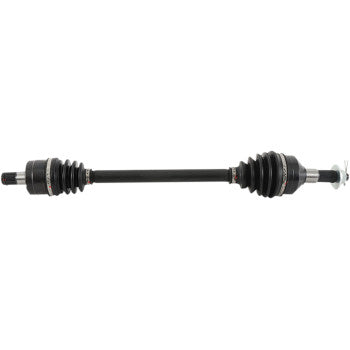 The Kawasaki Teryx Axle Kit Complete 8 Ball Extreme Duty Front Right by All Balls features a chromoly shaft with black rubber boots, metal fittings on both ends, and precision 8 ball bearings for added strength, shown on a plain white background.