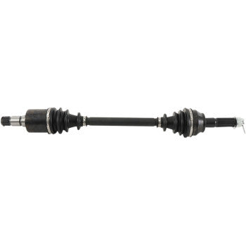 The Polaris Ranger Axle Kit Complete 8 Ball Extreme Duty Rear (Left, Right, & Middle) by All Balls features a black chromoly CV axle with rubber boots at both ends and precision ball bearings in the metal components. Displayed on a white background.