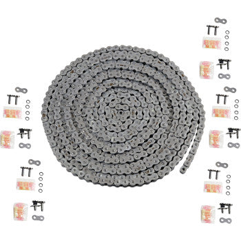 The 525 MAX O Bulk Chain 25 Feet by RK is centered, symmetrically surrounded by sets of connecting links, master links, and small boxes on a white background.