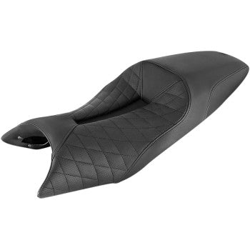 The LS Track Seat - Lattice Stitched - Black by Saddlemen features a contoured, diamond-stitched design for rider and passenger, offering a sleek modern look and textured surface.