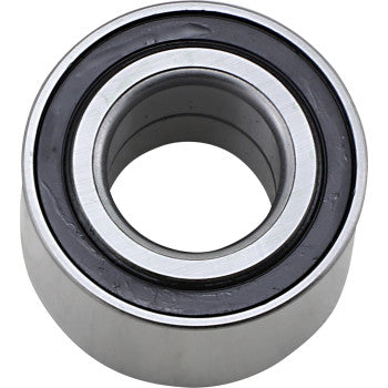 A close-up photo of the Kawasaki Mule Wheel Bearing Kit Front by Epi shows its smooth silver metal bearing with double lip seals, a black rubber seal, and a circular central opening.