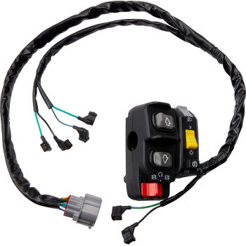 Black plastic Honda switch block assembly with multiple buttons, indicator icons, and attached wiring harness with gray.