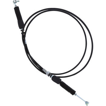 The Polaris Ranger Shift Cable Brutus by All Balls is a black automotive control cable with metal connectors, EPDM molded rubber ends, a pre-lubricated nylon inner sleeve, and black PVC jacket, coiled in a loop against a white background.