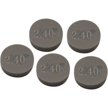 Five precision-machined Prox Valve Shims (9.48 mm x 2.40 mm) are arranged in a cluster. Each matte-finished metal disc is engraved with '2.40', indicating size and ensuring high quality and accuracy; sold as a 5-pack.