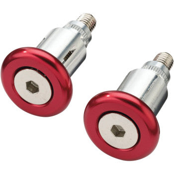 The Handlebar Ends Red by Moose Offroad feature two durable 6061-T6 aluminum bolts with shiny red circular caps and hexagonal sockets—perfect for motocross or securing aluminum handguards in mechanical or automotive uses.