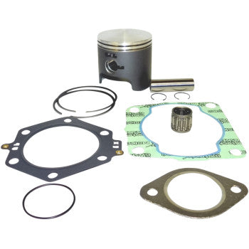 The Polaris Top End Rebuild Kit 74.50 mm Platinum Series by Wsm includes a piston, rings, wrist pin, racing needle bearings, circlips, and multiple gaskets, all arranged neatly on a white background.