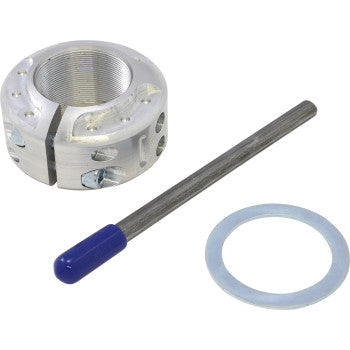 The Yamaha Raptor YFZ Locknut Axle Kit by Lone Star Racing, including a billet aluminum shaft collar, blue-tipped metal rod, and flat washer, is displayed on a white background.