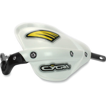 The Probend™ Alloy Bar Pack White by Cycra features a yellow accent and black mounting bracket, with abrasion guards for enhanced durability—ideal protection for motorcycle or dirt bike handlebars when paired with Probend bars.