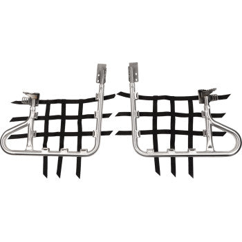 The Nerf Bars Z Natural Black by DG Performance feature silver metal bars with black grid-patterned nets and strong steel mounting brackets, providing ATV foot protection and stability.