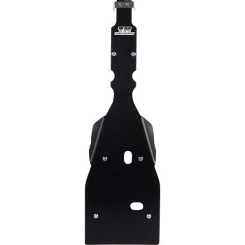 The Yamaha YFZ Skid Plate Black by T.M. Designworks is a black metal automotive skid plate with a top logo, cutouts, and mounting holes, designed to protect your vehicle's underside and help reduce engine noise.
