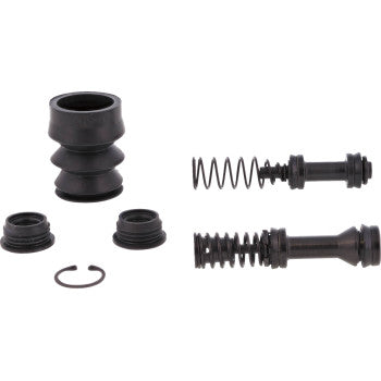 Black rubber boot, two small black rubber seals, metal spring, black plastic piston components, and a small metal snap ring.