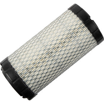 The Polaris Air Filter by Moose Offroad features a cylindrical design with a metal mesh exterior, black plastic end caps, and a neoprene sealing ring, displayed at an angle on a white background.