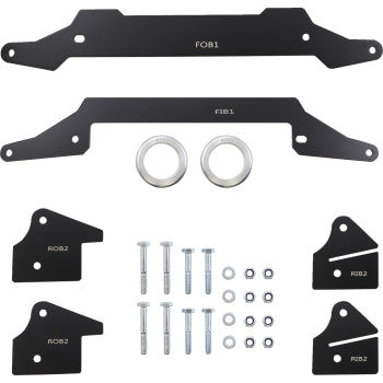 The Polaris General Lift Kit by Demon features black metal brackets, two circular rings, four mounting plates, bolts, washers, and nuts—each labeled with white alphanumeric codes and neatly arranged on a white background.