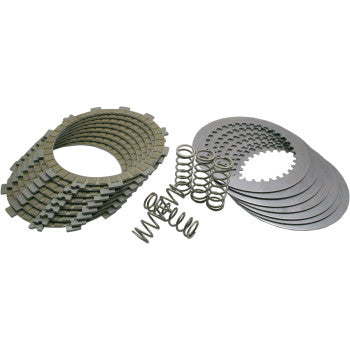 The Clutch Kit by Hinson Racing, featuring clutch plates, metal plates, a Hinson clutch basket, pressure plate, and springs, displayed on a white background.