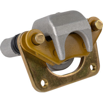 Metal rear left brake caliper with gold-toned bracket and silver piston housing for offroad vehicles.