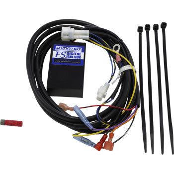 The Yamaha Non Programmable Ignition System by Dynatek includes a black plug-in module, various colored wires with connectors, and four black zip ties, all neatly arranged on a white background.
