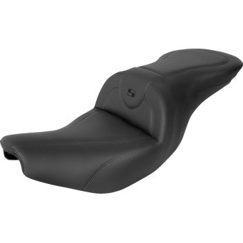 The Indian RoadSofa™ Seat - without Backrest - Black with Black Stitching by Saddlemen offers contoured comfort and ergonomic support for rider and passenger on Indian 14-24 models, featuring visible stitching and a raised back support.