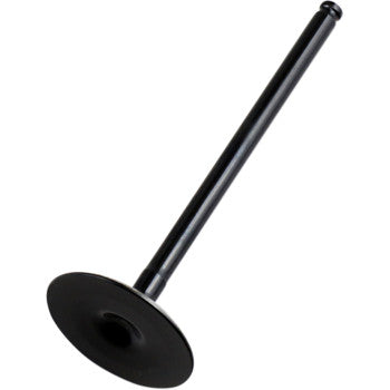 Black titanium intake valve with a long slender stem and flat circular head designed for offroad engine use.