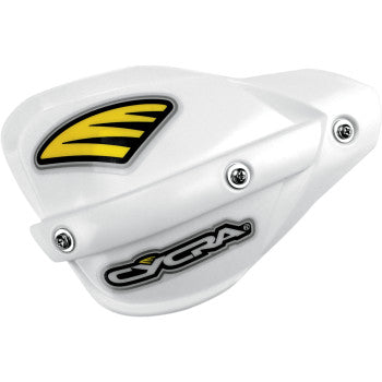 The Probend™ Plastic Replacement Handshields White by Cycra feature durable injection-molded plastic, three metal screws, and a yellow and black logo on the upper left with a black and white CYCRA logo on the lower portion.