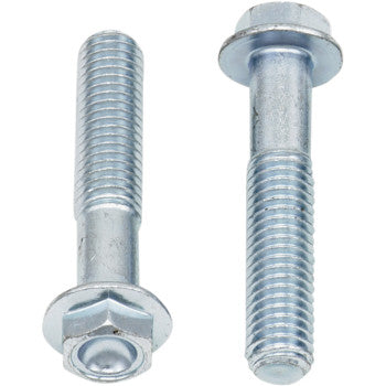 Two silver metallic flange bolts with hexagonal heads and threaded shafts, one shown from the side and one head-on.