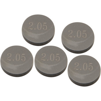 Five precision-machined, round gray metal Valve Shims (9.48 mm x 2.05 mm) by Prox, packaged in a 5 pack, each engraved with "2.05" for durability and easy identification.