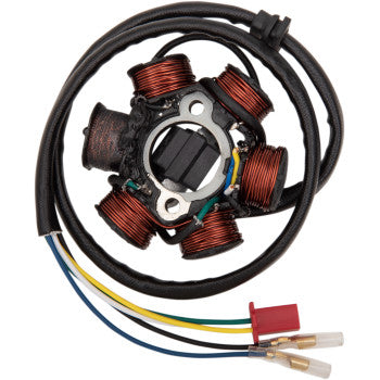 The Can Am Stator by Rick's Motorsport Electric features six copper coils, a black wire bundle, and three colored wires (yellow, blue, green) with OEM-style plug connectors, displayed on a white background.