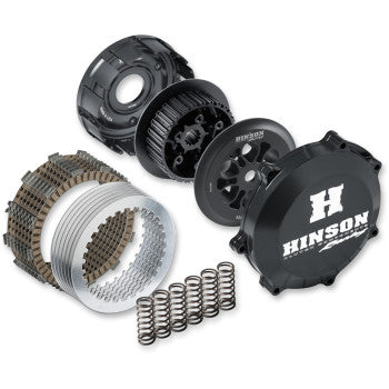 Exploded view of the Clutch Kit by Hinson Racing, showcasing billet T-6 aluminum clutch cover, basket, pressure plate, friction plates, steel plates, springs, and inner hub—engineered for superior heat dissipation and clutch performance.
