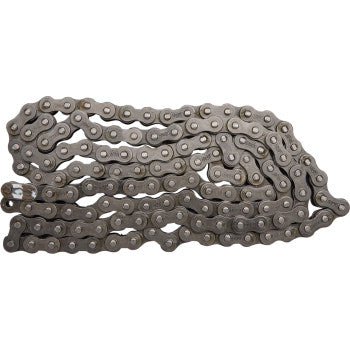 The 420 Standard Non Sealed Chain by Ek, featuring 130 interlocking links and a visible master link, is displayed coiled on a plain white background.