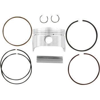 The Honda Piston Kit 74.50 mm by Wiseco is displayed on a white background, showcasing the forged 4-stroke performance piston, piston rings, circlips, and piston pin arranged neatly in a flat lay.