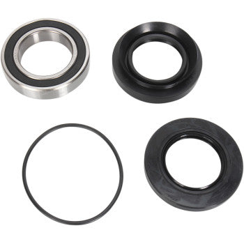 The Honda TRX Wheel Bearing Kit Rear by Pivot Works includes a sealed ball bearing, two black rubber seals, and a black O-ring—essential parts displayed on a white background in a grid pattern.