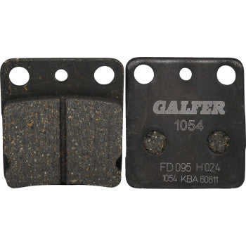 Two black, rectangular Brake Pads by Galfer are shown side by side. The left pad highlights its versatile compound, while the right displays the GALFER 1054 brand and engraved product details on its metal backing.