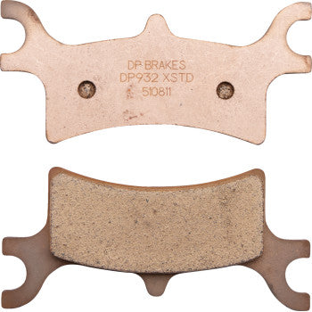Two Polaris Sintered Brake Pads by DP Brakes are shown; one displays engraved text and bolt holes, the other shows a textured friction surface. Both pads feature uniquely shaped ends for precise fitting.