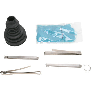 The Can-Am Polaris Rear CV Boot Kit Inboard/Outboard/Middle by Epi includes a black rubber boot, molybdenum disulfide grease, four assorted metal clamps, and a small metal ring, all displayed on a white background.