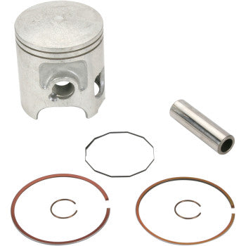 The Prox Yamaha RD350/RD350 LC/Banshee 350 Piston Kit (64.00 mm) includes a CNC-machined piston, two thin circular rings, a cylindrical pin, and a small wire clip—all shown separately on a white background.