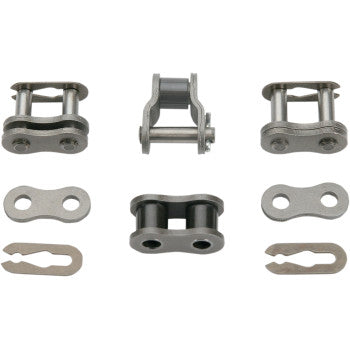 The 428H Chain Repair Kit by Parts Unlimited includes assorted metal master links, solid plates, linked segments, and retaining clips, all designed for standard chain repairs and neatly arranged on a white background.