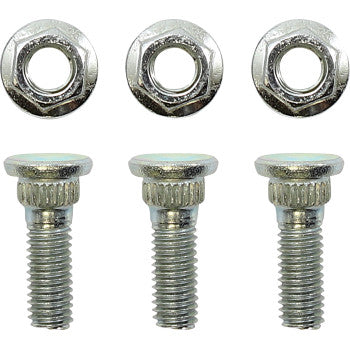 Three metal bolts and three matching hex nuts from the Yamaha Wheel Stud Nut Kit Rear 80 by Moose Offroad are displayed in two rows on a white background, with each bolt placed below its corresponding nut.