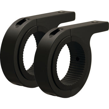 The image displays the Clamp Mount 2 1/2 Pair by Vision X: two black, circular mounts with adjustable diameters and textured inner surfaces, each equipped with a small arm, set side by side against a white background.
