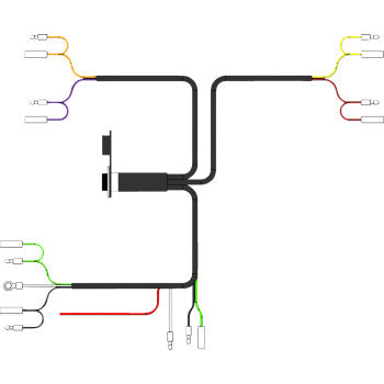 Black wiring harness with multiple colored wire ends in yellow, red, green, purple, and orange connectors and a black.