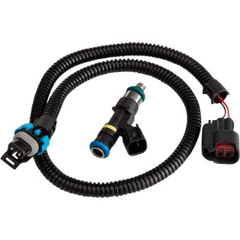 The Polaris Fuel Injector with Pigtail by Moose Offroad is a coiled black replacement wire harness with connectors and a central sensor, perfect for fixing faulty injectors, shown against a white background.