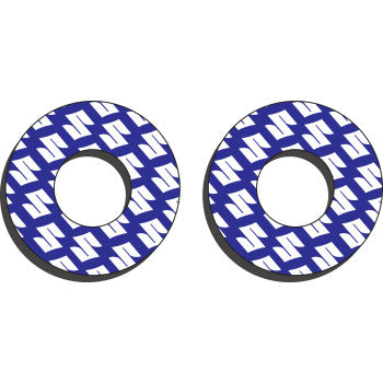 The Suzuki Grip Donuts Blue White by Factory Effex are circular washers with a blue and white zigzag pattern, center hole, and textured design for extra grip and comfort; shadows beneath add visual depth.