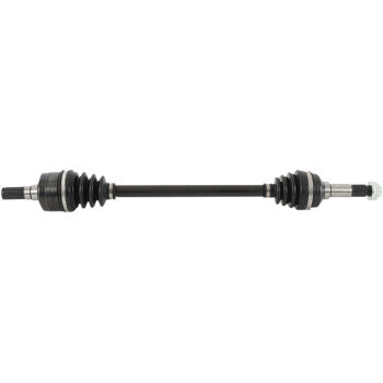 The CF Moto Z Force Yamaha YX Axle Kit Complete 8 Ball Extreme Duty Rear Left & Right by All Balls features a black chromoly shaft with precision ball bearings, rubber boots, and metal joints on both ends, displayed on a white background.