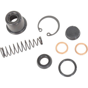 The Master Cylinder Rebuild Kit Rear by Prox includes OEM mechanical parts—metal spring, circular rubber seals, two copper washers, retaining ring, and various cylindrical and flat components—arranged on a plain white background.